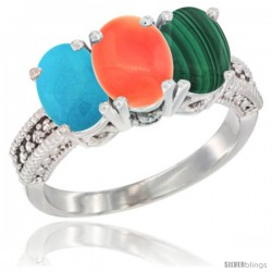 10K White Gold Natural Turquoise, Coral & Malachite Ring 3-Stone Oval 7x5 mm Diamond Accent