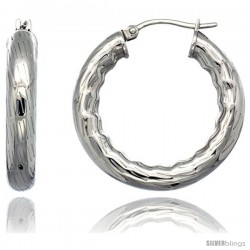 Surgical Steel 1 1/4 in Hoop Earrings Bamboo Embossed Pattern 5 mm Fat tube, feather weigh