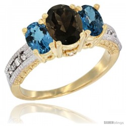 10K Yellow Gold Ladies Oval Natural Smoky Topaz 3-Stone Ring with London Blue Topaz Sides Diamond Accent