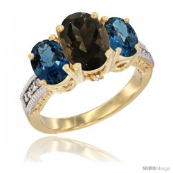 10K Yellow Gold Ladies 3-Stone Oval Natural Smoky Topaz Ring with London Blue Topaz Sides Diamond Accent