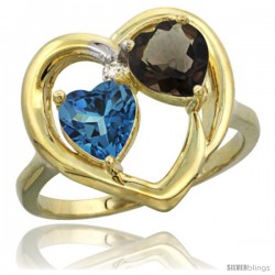 10k Yellow Gold 2-Stone Heart Ring 6mm Natural London Blue Topaz & Smoky Topaz