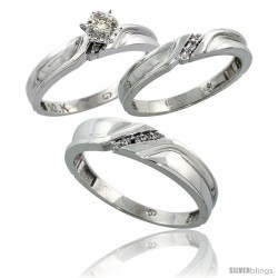 10k White Gold Diamond Trio Wedding Ring Set His 5mm & Hers 3.5mm