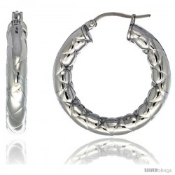 Surgical Steel 1 1/4 in Hoop Earrings Zigzag Embossed Pattern 5 mm Fat tube, feather weigh