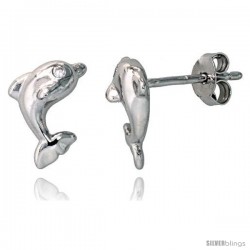 Sterling Silver Jeweled Dolphin Post Earrings, w/ Cubic Zirconia stones, 3/8" (9 mm)