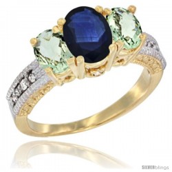 14k Yellow Gold Ladies Oval Natural Blue Sapphire 3-Stone Ring with Green Amethyst Sides Diamond Accent