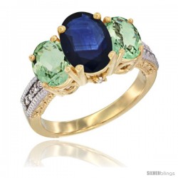 14K Yellow Gold Ladies 3-Stone Oval Natural Blue Sapphire Ring with Green Amethyst Sides Diamond Accent