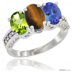 14K White Gold Natural Peridot, Tiger Eye & Tanzanite Ring 3-Stone Oval 7x5 mm Diamond Accent