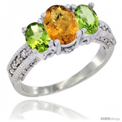 14k White Gold Ladies Oval Natural Whisky Quartz 3-Stone Ring with Peridot Sides Diamond Accent