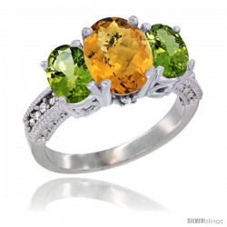 14K White Gold Ladies 3-Stone Oval Natural Whisky Quartz Ring with Peridot Sides Diamond Accent