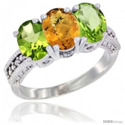 14K White Gold Natural Whisky Quartz & Peridot Sides Ring 3-Stone Oval 7x5 mm Diamond Accent