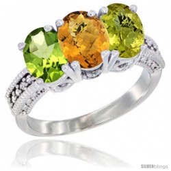 14K White Gold Natural Peridot, Whisky Quartz & Lemon Quartz Ring 3-Stone Oval 7x5 mm Diamond Accent