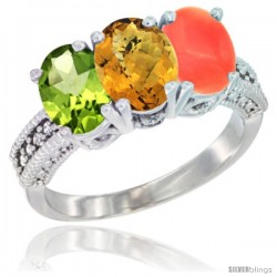 14K White Gold Natural Peridot, Whisky Quartz & Coral Ring 3-Stone Oval 7x5 mm Diamond Accent