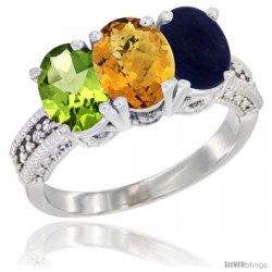 14K White Gold Natural Peridot, Whisky Quartz & Lapis Ring 3-Stone Oval 7x5 mm Diamond Accent