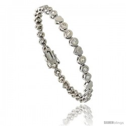 Sterling Silver 1.5 Carat size Bezel Set CZ Tennis Bracelet w/ Heart Links, 7 in., 3/16 in (5 mm) wide