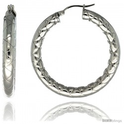 Surgical Steel 1 1/2 in Hoop Earrings Zigzag Embossed Pattern 5 mm Fat tube, feather weigh