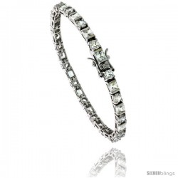 Sterling Silver Tennis Bracelet Cubic Zirconia Stones Rectangular & Round Shape Alternating, Rhodium Finish, with Hidden safety