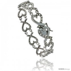 Sterling Silver Tennis Bracelet Cubic Zirconia Stones in Heart Shape, Rhodium Finish, with Hidden safety clasp, 7 in