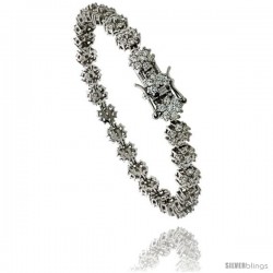 Sterling Silver Tennis Bracelet Cubic Zirconia Stones Flower Design, Rhodium Finish, with Hidden safety clasp, 7 in