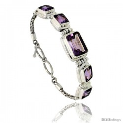 Sterling Silver Bali Style Byzantine Toggle Bracelet, w/ 15x10mm & four 10x8mm Emerald Cut Natural Amethyst Stones, 1/2"