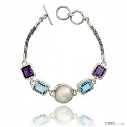 Sterling Silver Bali Style Byzantine Toggle Bracelet, w/ Pearl, two 12x10mm Emerald Cut Natural Blue Topaz Stones & two 11x9mm