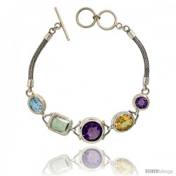 Sterling Silver Bali Style Byzantine Toggle Bracelet, w/ 8mm & 13mm Brilliant Cut Amethyst, 12x10 Oval Cut Citrine, 11x9mm