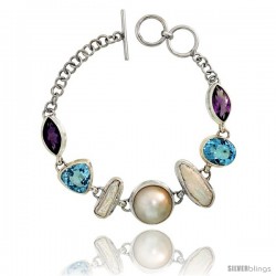 Sterling Silver Toggle Bracelet, w/ Pearl, Trillion Cut (12 mm) & Oval Cut 12x10mm Blue Topaz, & two 15x8mm Marquise Cut