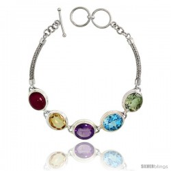 Sterling Silver Bali Style Byzantine Toggle Bracelet, w/ Oval Cut 13x11mm Ruby, Amethyst, Blue Topaz, Citrine & Green Amethyst