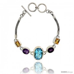 Sterling Silver Bali Style Byzantine Toggle Bracelet, w/ Oval Cut 19x14mm Blue Topaz, two Oval Cut 10x8mm Amethyst & two