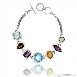 Sterling Silver Bali Style Byzantine Toggle Bracelet, w/ Brilliant Cut 14mm & Emerald Cut 12x10mm Blue Topaz, Marquise Cut