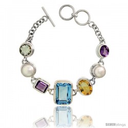 Sterling Silver Toggle Bracelet, w/ White Pearls, Emerald Cut 19x14mm Blue Topaz, Emerald Cut 11x9mm & Oval Cut 11x9mm