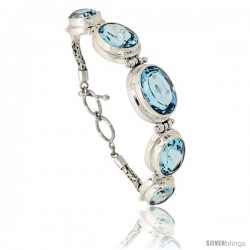 Sterling Silver Bali Style Byzantine Toggle Bracelet, w/ one 19x14mm, two 17x13mm & two 15x11mm Oval Cut Natural Blue Topaz