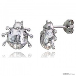 Sterling Silver Jeweled Ladybug Post Earrings, w/ Cubic Zirconia stones, 7/16" (11 mm)