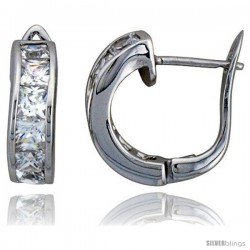 Sterling Silver Small Hoop Earrings Channel Set Square CZ, 5/8 in. 16 mm