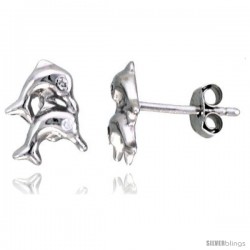 Sterling Silver Jeweled Dolphin Post Earrings, w/ Cubic Zirconia stones, 7/16" (11 mm)