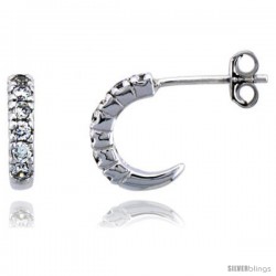 Sterling Silver Half Hoop Earrings w/ Brilliant Cut CZ Stones, 1/2" (12 mm) tall