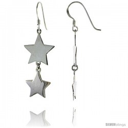 Sterling Silver Double Star French Ear Wire Dangle Earrings, 1 3/4" (45 mm) tall