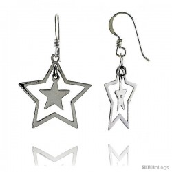 Sterling Silver Double Star French Ear Wire Dangle Earrings, 1 1/2" (38 mm) tall