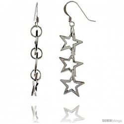 Sterling Silver Triple Star Cut Outs French Ear Wire Dangle Earrings, 2" (50 mm) tall