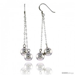 Sterling Silver Double Ball French Ear Wire Dangle Earrings, 2 1/2" (63 mm) tall