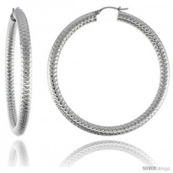 Surgical Steel Tube Hoop Earrings 2 3/8 in Round 5 mm Thick Tight Zigzag Pattern, feather weight