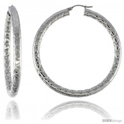 Surgical Steel Tube Hoop Earrings 2 1/2 in Round 4 mm wide Zigzag Pattern, feather weight