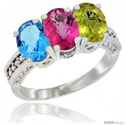 14K White Gold Natural Swiss Blue Topaz, Pink Topaz & Lemon Quartz Ring 3-Stone 7x5 mm Oval Diamond Accent