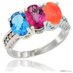 14K White Gold Natural Swiss Blue Topaz, Pink Topaz & Coral Ring 3-Stone 7x5 mm Oval Diamond Accent