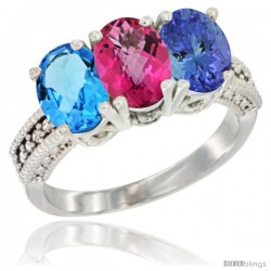 14K White Gold Natural Swiss Blue Topaz, Pink Topaz & Tanzanite Ring 3-Stone 7x5 mm Oval Diamond Accent