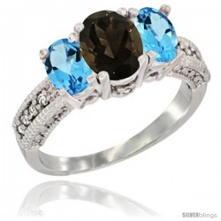 14k White Gold Ladies Oval Natural Smoky Topaz 3-Stone Ring with Swiss Blue Topaz Sides Diamond Accent