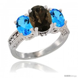 14K White Gold Ladies 3-Stone Oval Natural Smoky Topaz Ring with Swiss Blue Topaz Sides Diamond Accent