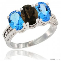 14K White Gold Natural Smoky Topaz & Swiss Blue Topaz Sides Ring 3-Stone 7x5 mm Oval Diamond Accent