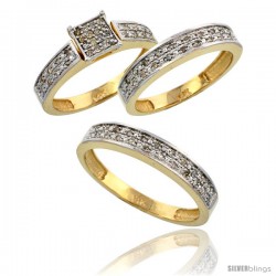 10k Gold 3-Piece Trio His (4mm) & Hers (4mm) Diamond Wedding Band Set, w/ 0.34 Carat Brilliant Cut Diamonds