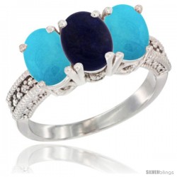 10K White Gold Natural Lapis & Turquoise Ring 3-Stone Oval 7x5 mm Diamond Accent