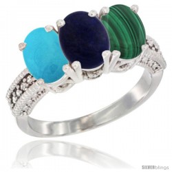 10K White Gold Natural Turquoise, Lapis & Malachite Ring 3-Stone Oval 7x5 mm Diamond Accent